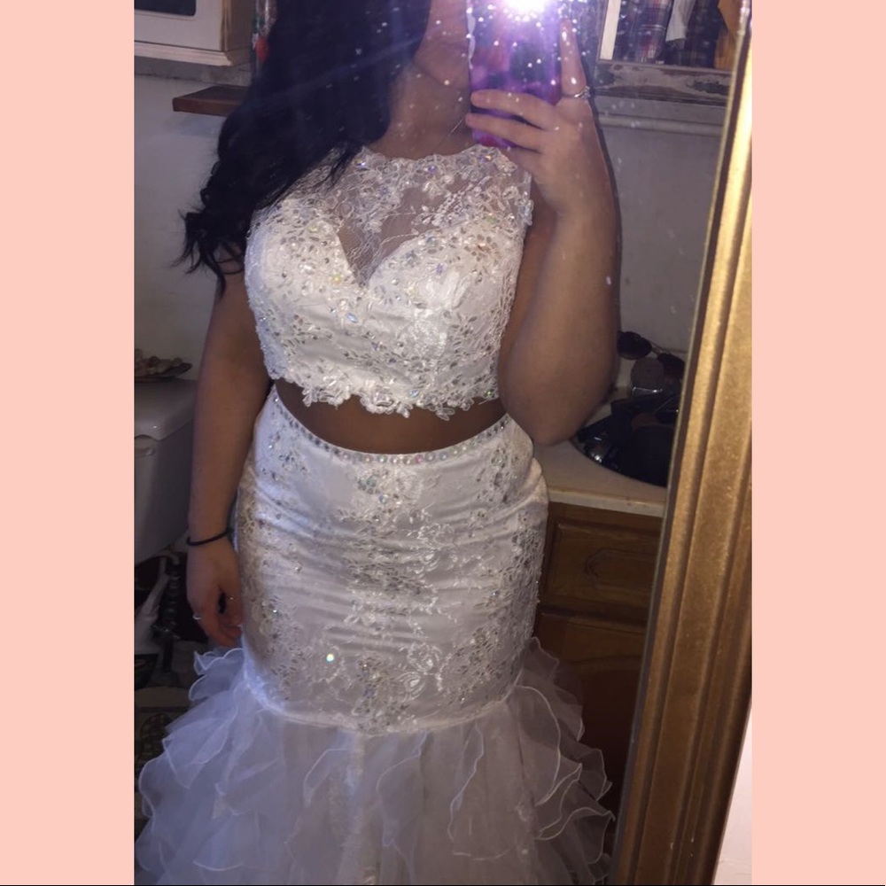 White Two Piece Embroidered Sequin Mermaid Style Prom Dress